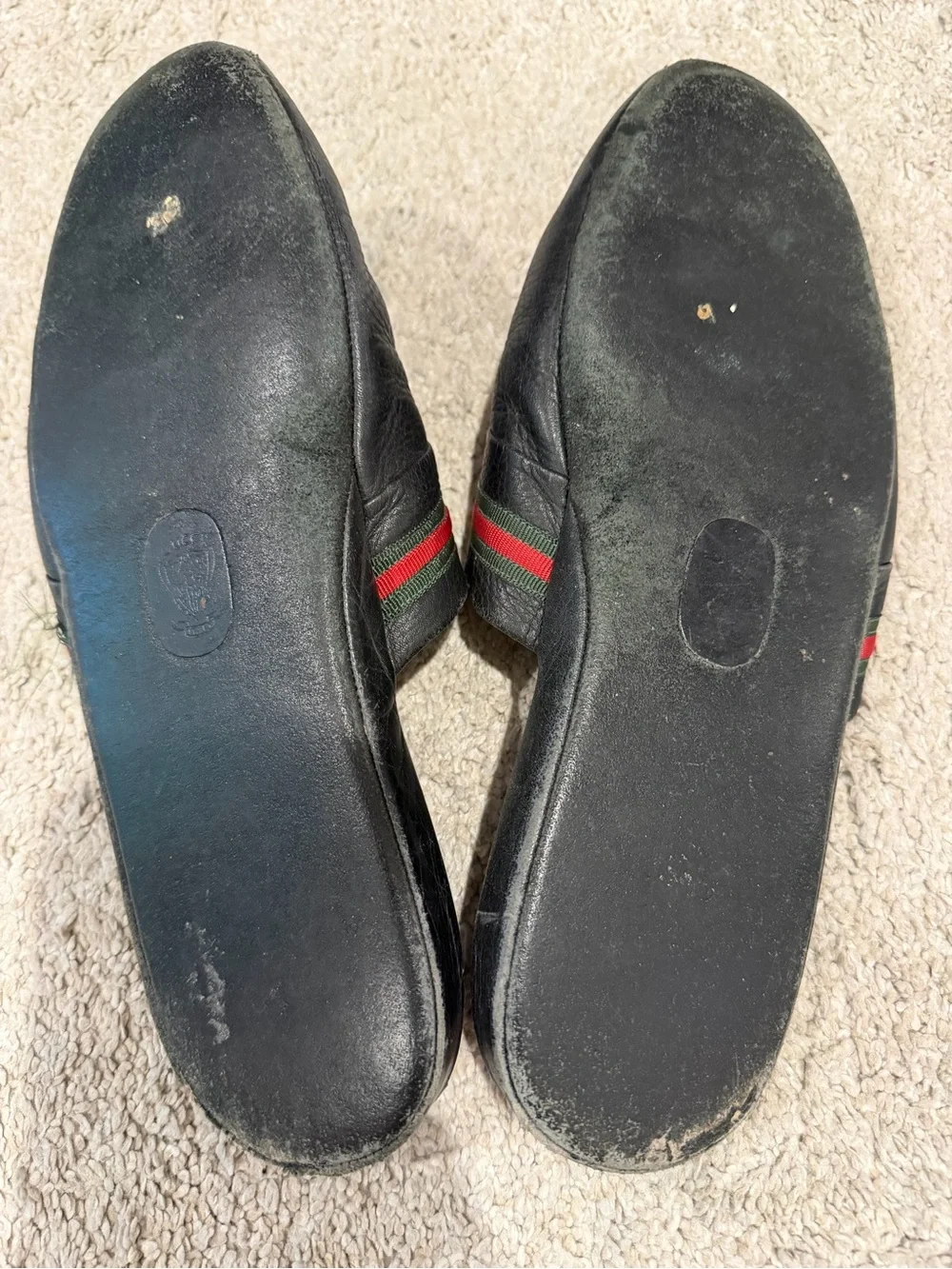 Vintage Gucci Black Pebble Leather Slippers/Mules with Green and Red Stripe